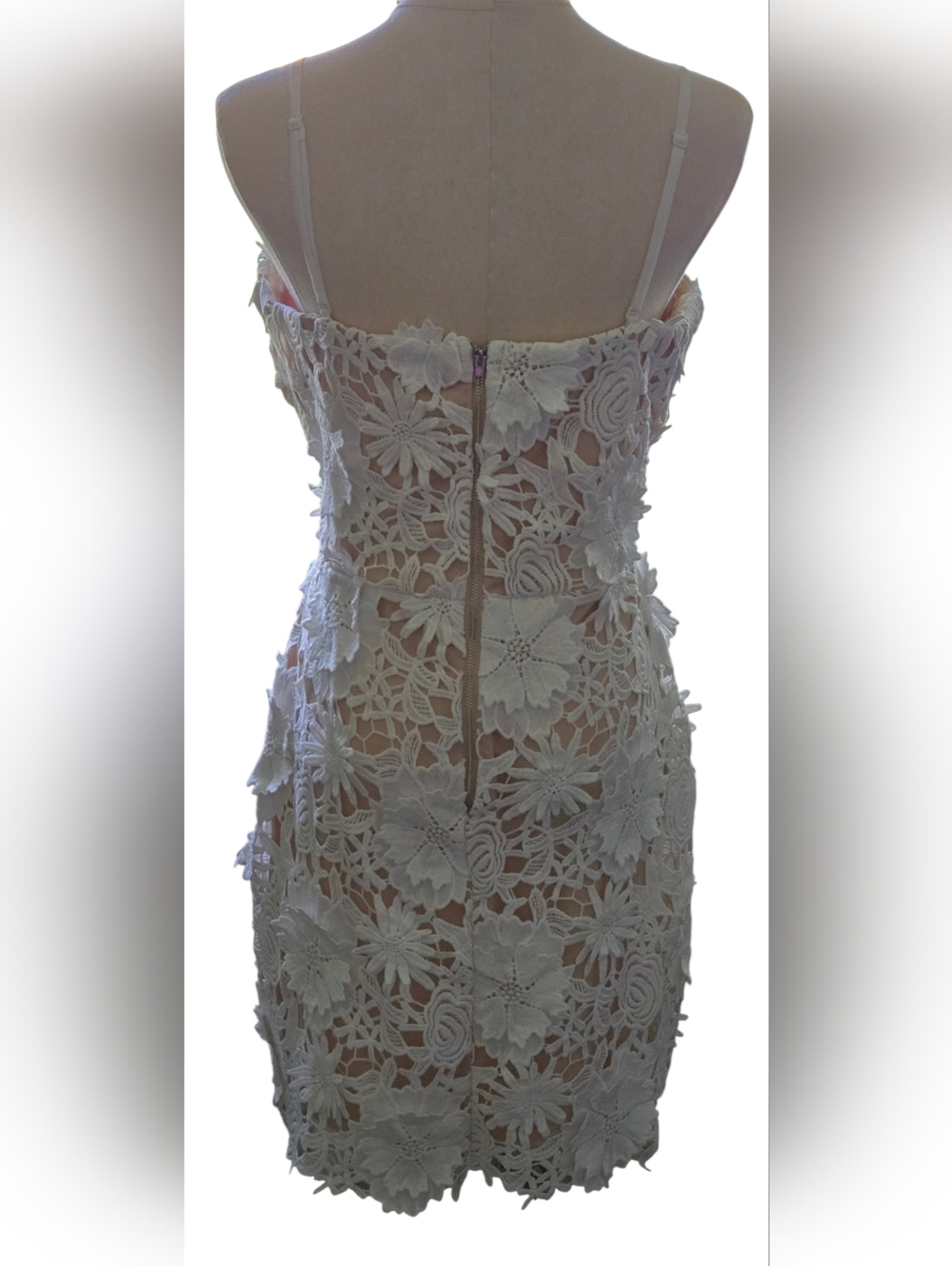 NWT~ Just Me 3D Floral Appliqué Crochet Lace Mini Dress in White/Nude - Picture 4 of 13